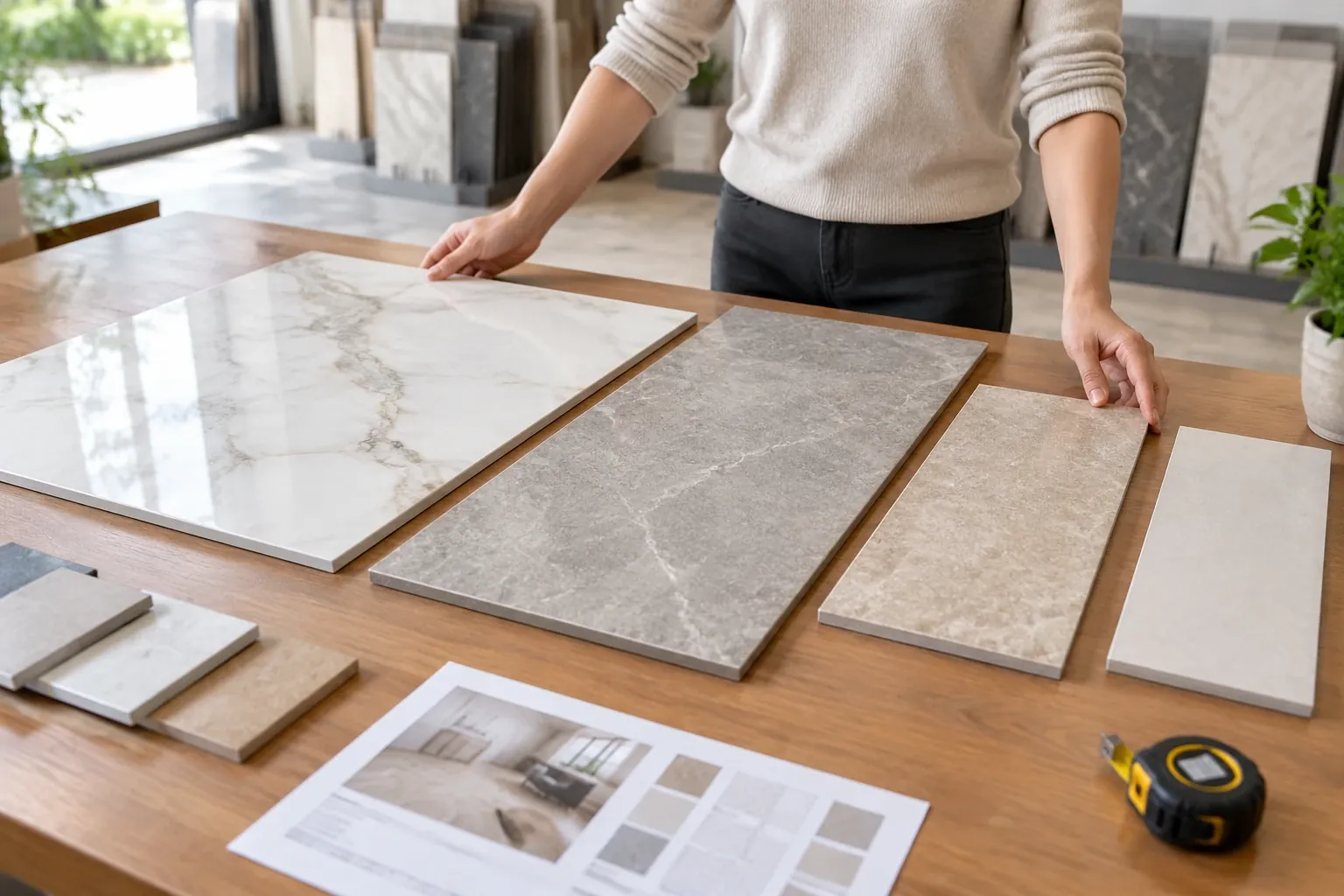 Buyer comparing marble-look and stone-look floor tile samples of different sizes in a tile showroom
