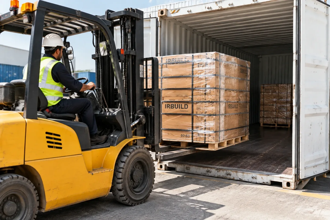 Tile pallets loaded into a container for export