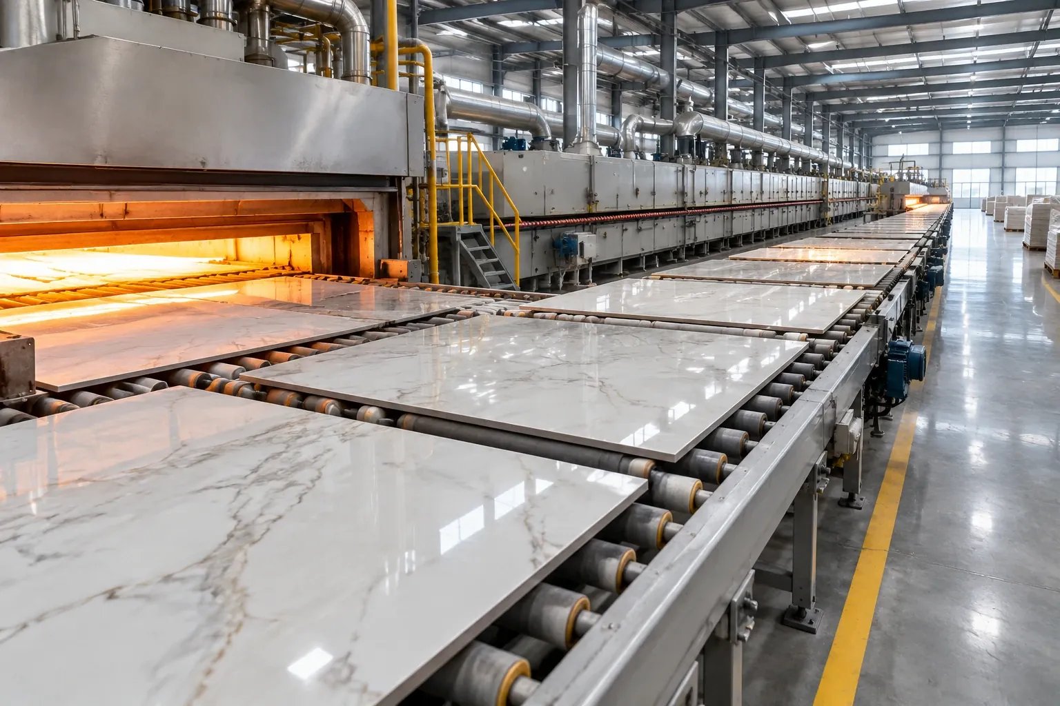 Marble-look porcelain tiles on a roller conveyor in a tile factory production line