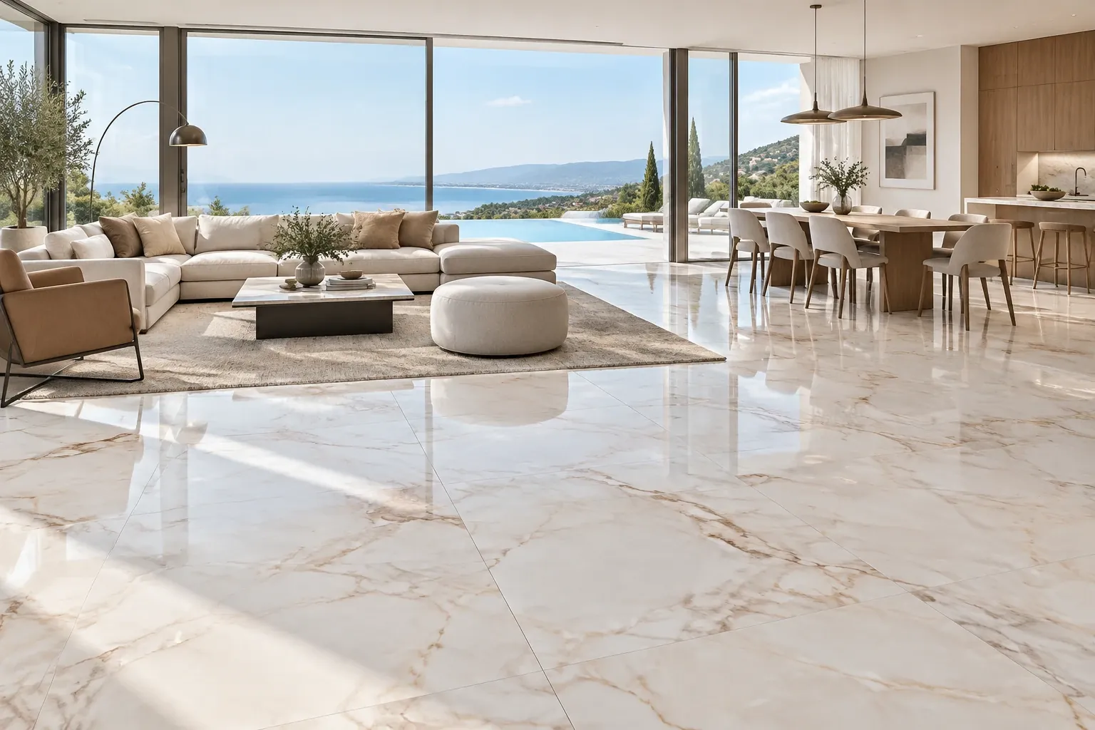 Large format polished porcelain tiles with a beige marble design in an open-plan villa