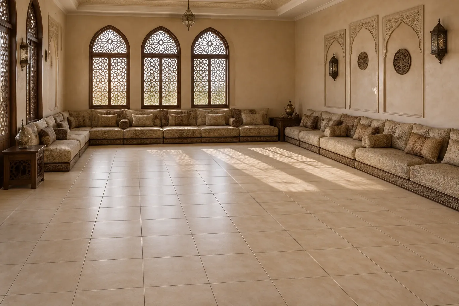 40x40 ceramic floor tiles: matt beige 400x400 mm floor in a traditional majlis