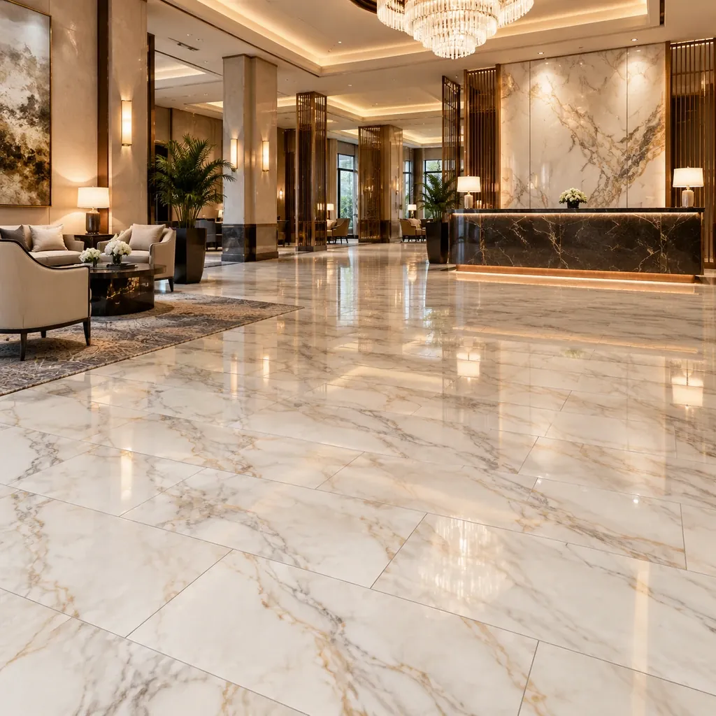 60x120 porcelain tiles: polished marble-look 600x1200 mm floor in a hotel lobby