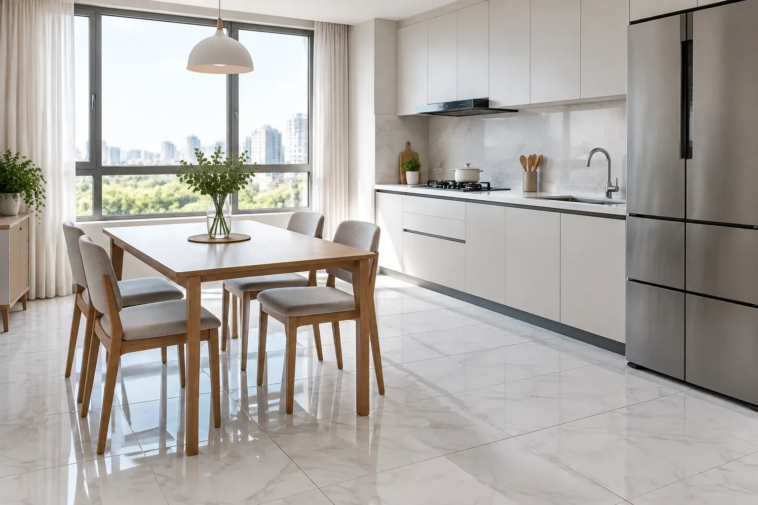 60x60 porcelain tiles: glossy white marble-look 600x600 mm floor in a kitchen and dining area