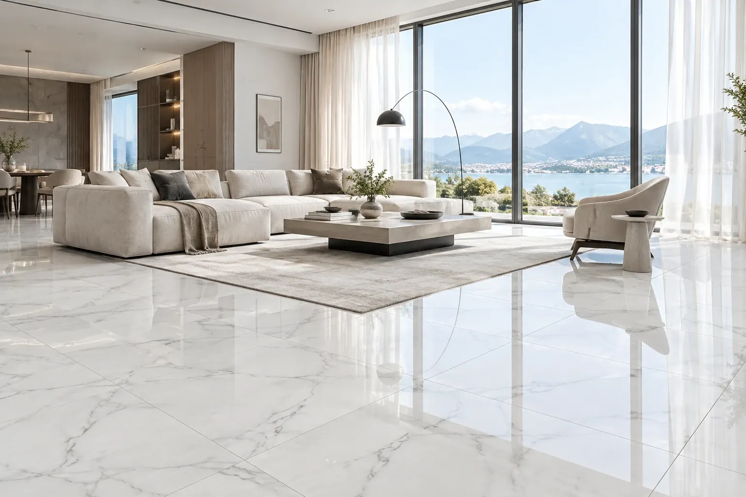 80x80 porcelain tiles: glossy white marble-look 800x800 mm floor in a living room