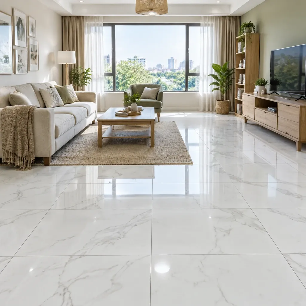 Marble look porcelain tiles: glossy white marble effect floor in an apartment living room