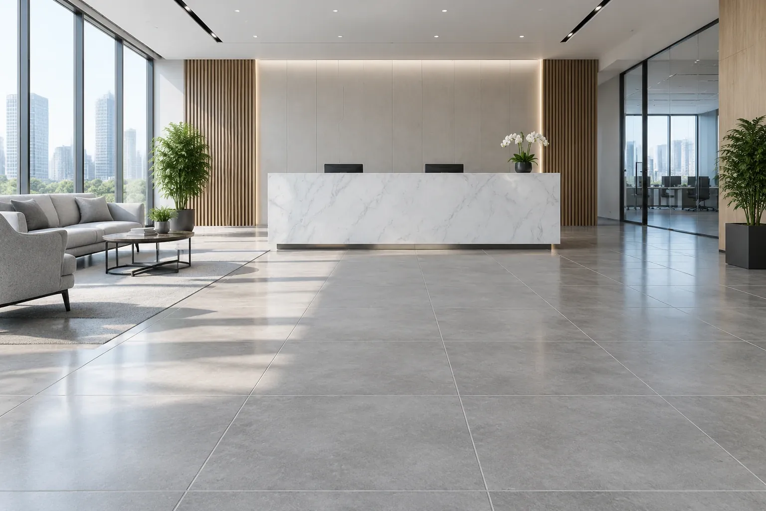 Porcelain floor tiles: grey stone-look floor in an office reception lobby